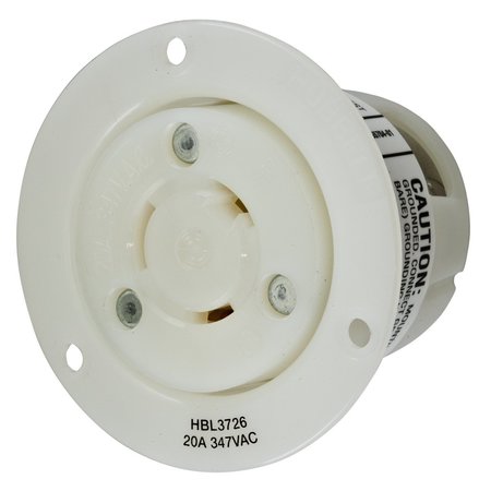 HUBBELL WIRING DEVICE-KELLEMS Locking Devices, Twist-Lock®, Industrial, Flanged Receptacle, 20A 347V AC, 2-Pole 3-Wire Grounding, L24-20R, Screw Terminal, White HBL3726